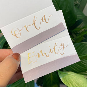 Mauve Paint Brush Place Cards for Wedding with Gold Writing