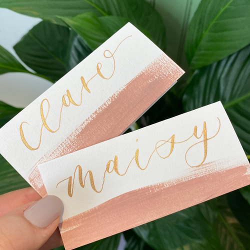 Pink Paint Brush Place Cards for Wedding with Gold Calligraphy